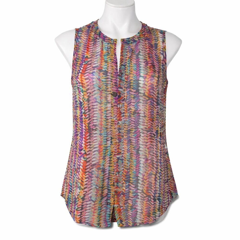 Liz Claiborne Sleeveless Split-Neck Henley Blouse Multicolor Artsy Boho Top Sz M
